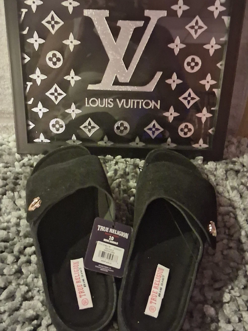 True Religion Black Suede Slide Sandals with Gold Logo Accent